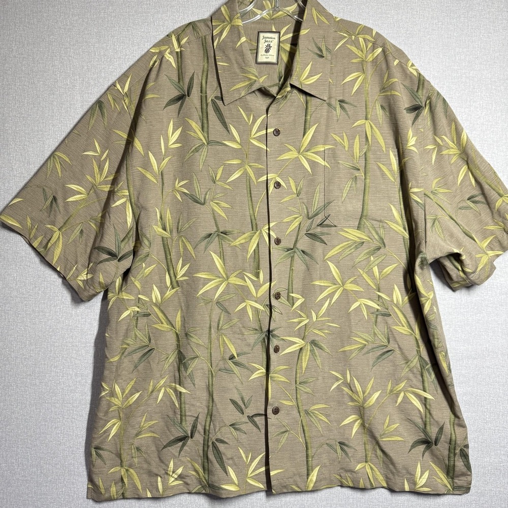 Jamaica Jaxx‎ Shirt Mens 2XL Beige Silk Short Sleeve Hawaiian Bamboo Print